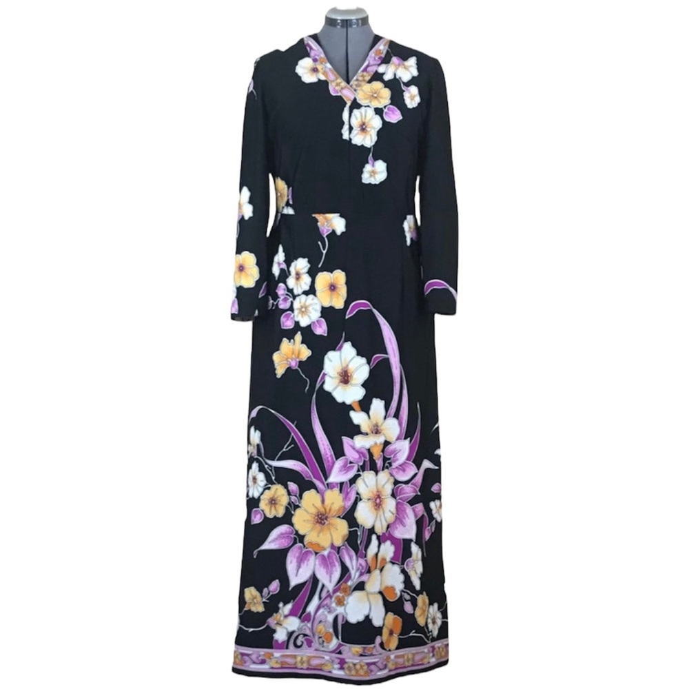 Vintage 1960s 1970s Bohemian Lilly long floral evening dress gown L Large 12 14